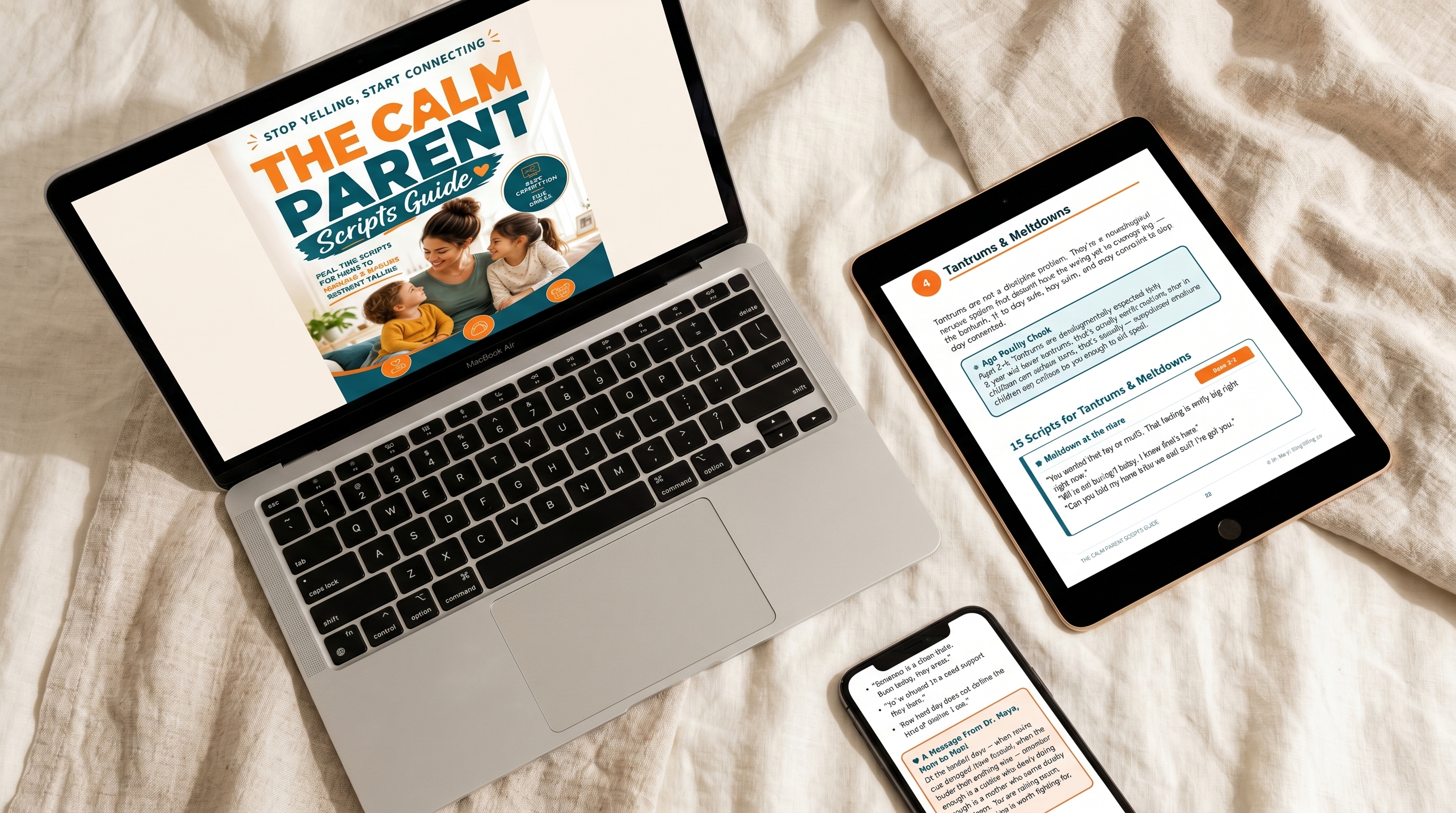 The Calm Parent Scripts Guide displayed across laptop, iPad, and iPhone, available on all devices